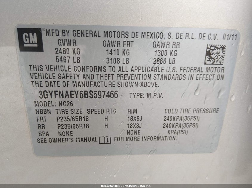 2011 Cadillac Srx VIN 3GYFNAEY6BS597466 IAAI salvage auction — FRONT END, Clear (Georgia), sold $275 on 2026-08-23 (photo 9)