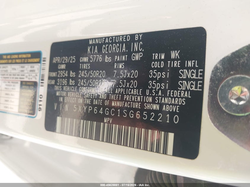 2025 Kia Telluride VIN 5XYP64GC1SG652210 IAAI salvage auction — RIGHT FRONT, Salvage Title, sold $5,600 on 2026-07-22 (photo 9)