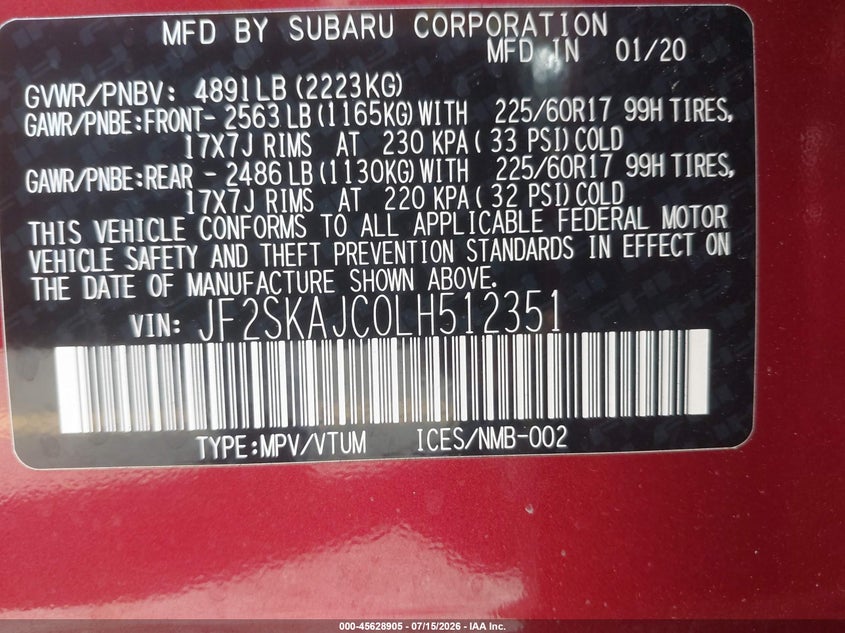 2020 Subaru Forester VIN JF2SKAJC0LH512351 IAAI salvage auction — FRONT END, Salvage (California), sold $325 on 2026-07-29 (photo 9)