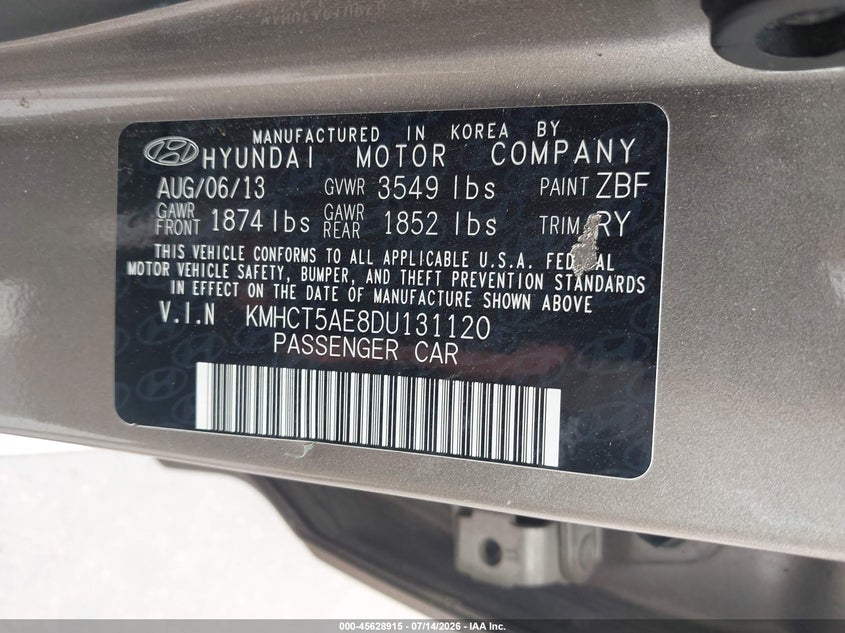 2013 Hyundai Accent VIN KMHCT5AE8DU131120 IAAI salvage auction — NORMAL WEAR, Original (Texas), sold $325 on 2026-07-28 (photo 9)