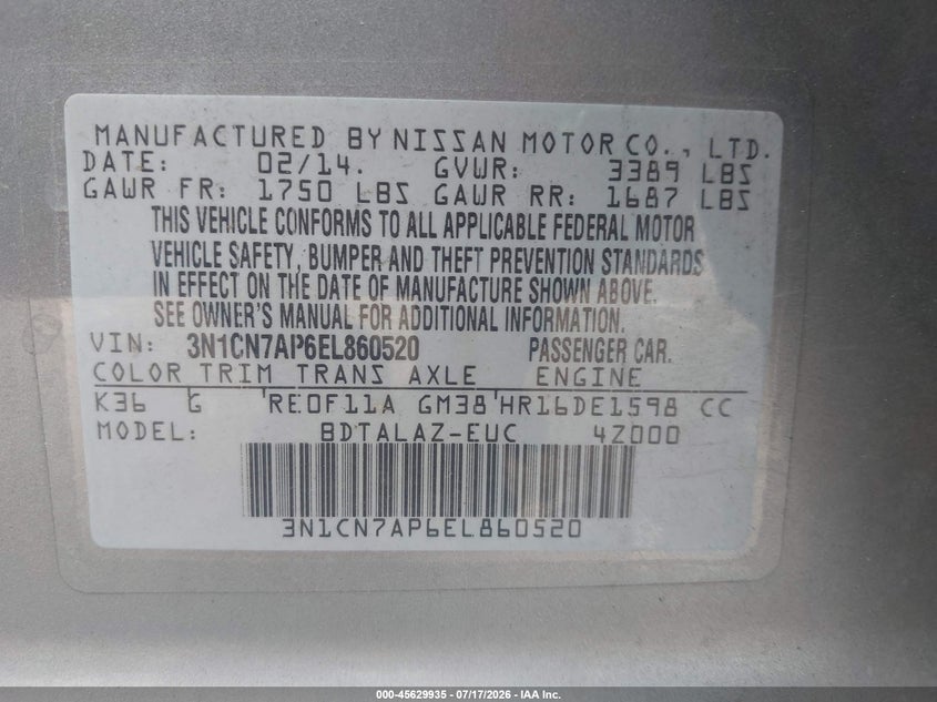 2014 Nissan Versa VIN 3N1CN7AP6EL860520 IAAI salvage auction — FRONT END, Salvage Title, sold $650 on 2026-09-03 (photo 9)