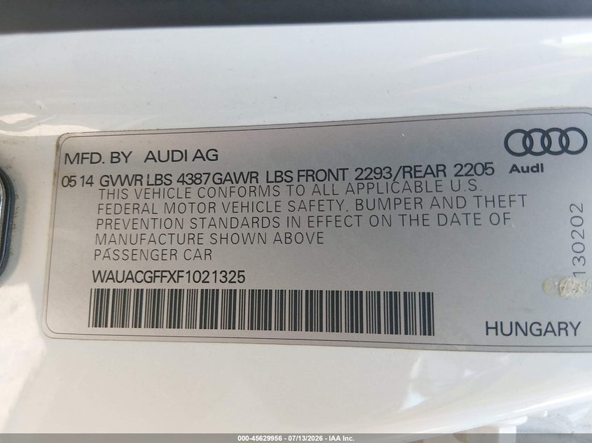 2015 Audi A3 VIN WAUACGFFXF1021325 IAAI salvage auction — NORMAL WEAR, Clear-Dealer Only (Arizona), sold $25 on 2026-07-21 (photo 9)