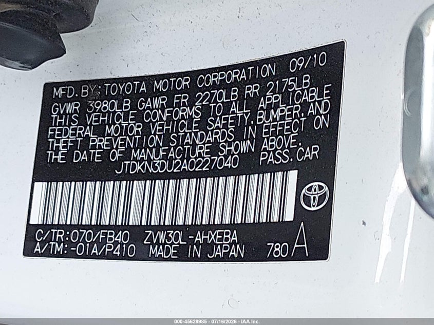 2010 Toyota Prius VIN JTDKN3DU2A0227040 IAAI salvage auction — NORMAL WEAR, Clear (Colorado), sold $50 on 2026-07-28 (photo 9)