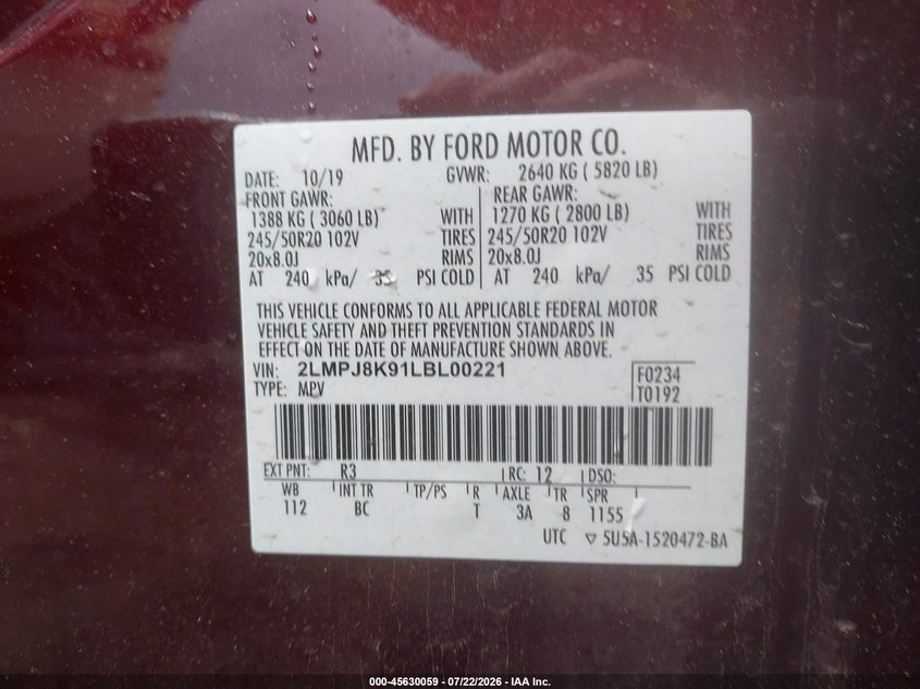 2020 Lincoln Nautilus VIN 2LMPJ8K91LBL00221 IAAI salvage auction — REAR END, Salvage (Massachusetts), sold $7,650 on 2026-08-21 (photo 9)