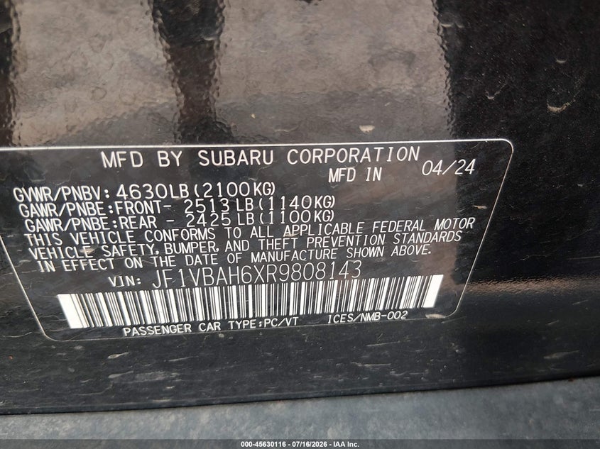 2024 Subaru Wrx VIN JF1VBAH6XR9808143 IAAI salvage auction — FRONT END, Clear Claim Paid (Wisconsin), sold $8,575 on 2026-08-20 (photo 9)
