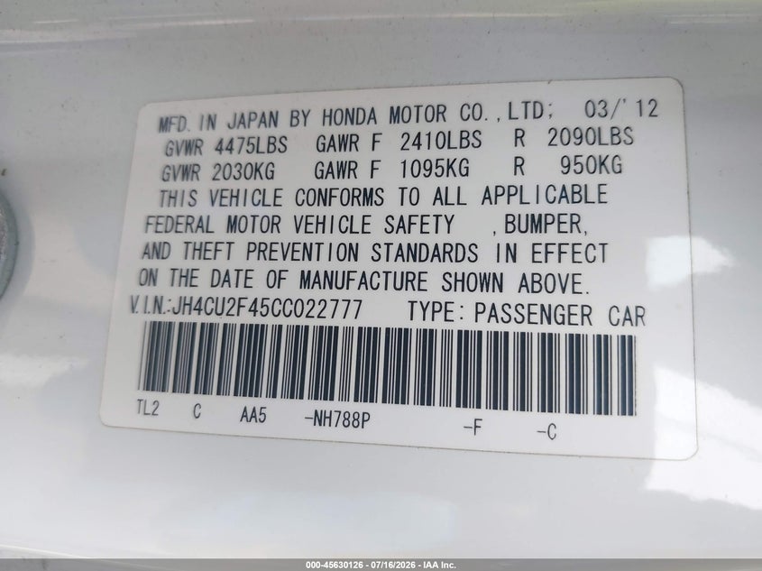 2012 Acura Tsx VIN JH4CU2F45CC022777 IAAI salvage auction — SIDE, Salvage (Pennsylvania), sold $825 on 2026-07-31 (photo 9)