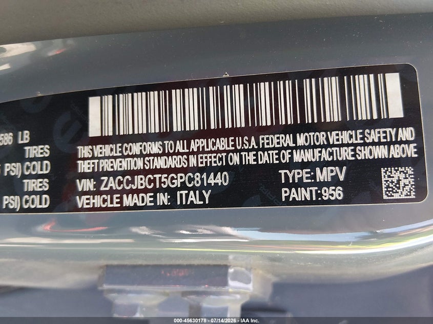 2016 Jeep Renegade VIN ZACCJBCT5GPC81440 IAAI salvage auction — REAR END, Salvage Title, sold $3,950 on 2026-08-02 (photo 9)