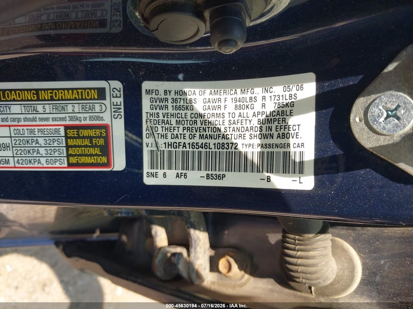 2006 Honda Civic VIN 1HGFA16546L108372 IAAI salvage auction — RIGHT SIDE, Clear (Massachusetts), sold $400 on 2026-07-23 (photo 9)