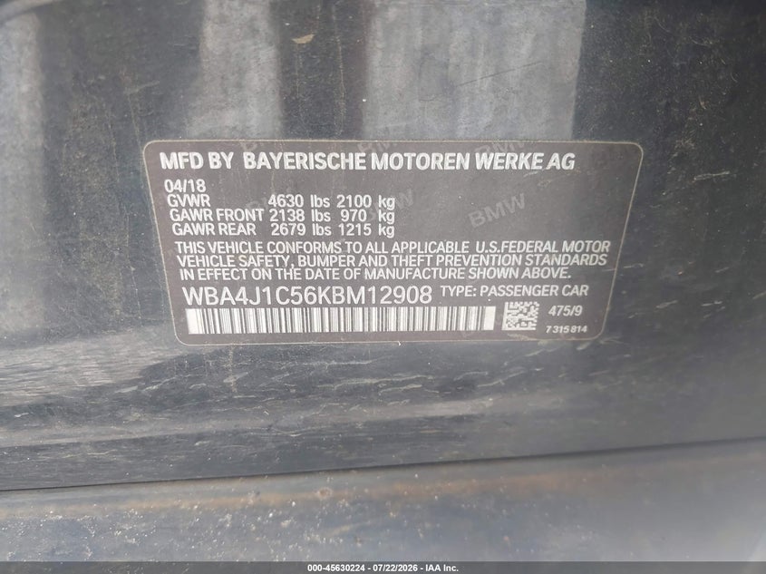 2019 BMW 4er VIN WBA4J1C56KBM12908 IAAI salvage auction — FRONT END, Salvage Title, sold $1,850 on 2026-08-20 (photo 9)