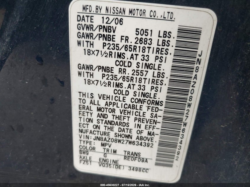 2007 Nissan Murano VIN JN8AZ08W27W634392 IAAI salvage auction — FRONT & REAR, Original (Texas), sold $350 on 2026-07-27 (photo 9)