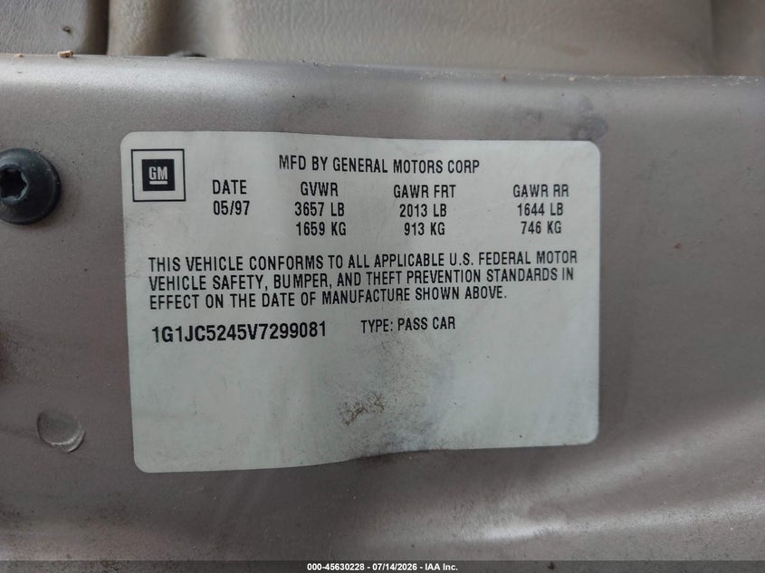 1997 Chevrolet Cavalier VIN 1G1JC5245V7299081 IAAI salvage auction — LEFT SIDE, Original (Texas), sold $100 on 2026-08-21 (photo 9)