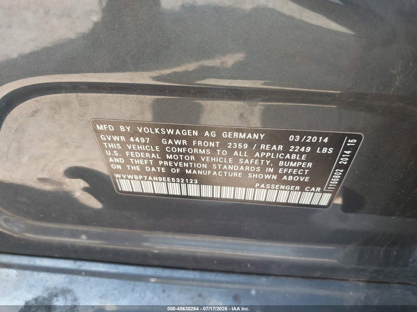 2014 Volkswagen Cc VIN WVWBP7AN9EE532123 IAAI salvage auction — NORMAL WEAR, Clear (Indiana), sold $300 on 2026-07-29 (photo 9)