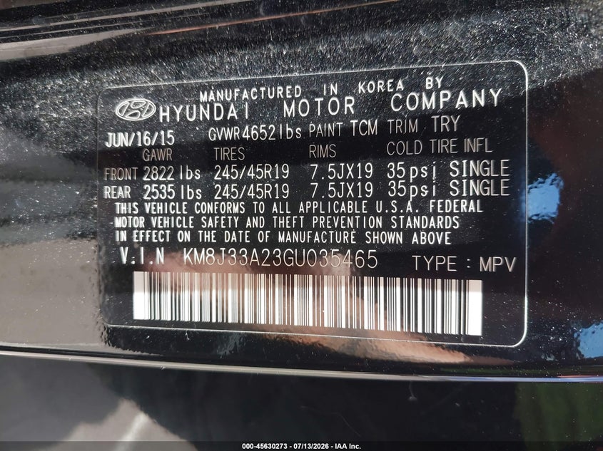 2016 Hyundai Tucson VIN KM8J33A23GU035465 IAAI salvage auction — NORMAL WEAR, Clear (Hawaii), sold $1,400 on 2026-07-28 (photo 9)
