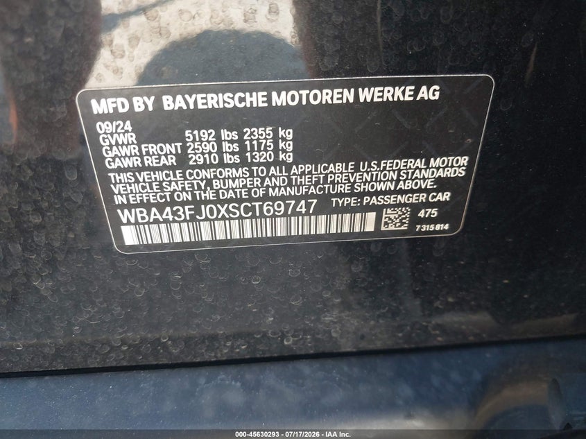 2025 BMW 5er VIN WBA43FJ0XSCT69747 IAAI salvage auction — FRONT END, Salvage Title, sold $18,600 on 2026-08-12 (photo 9)