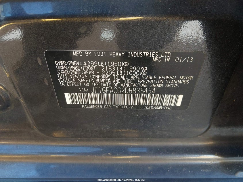 2013 Subaru Impreza VIN JF1GPAC62DH835434 IAAI salvage auction — FRONT END, Salvage (California), sold $25 on 2026-07-30 (photo 9)