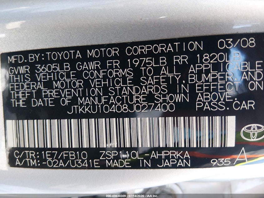 2008 Scion Xd VIN JTKKU10408J027400 IAAI salvage auction — UNKNOWN, Clear (Arkansas), sold $600 on 2026-07-30 (photo 9)