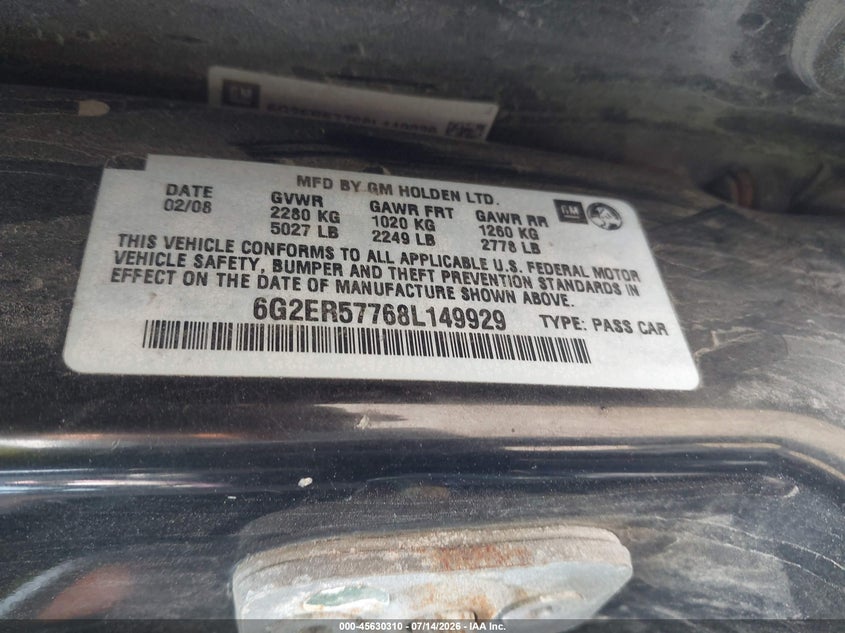 2008 Pontiac G8 VIN 6G2ER57768L149929 IAAI salvage auction — NORMAL WEAR, Clear (Illinois), sold $775 on 2026-07-29 (photo 9)