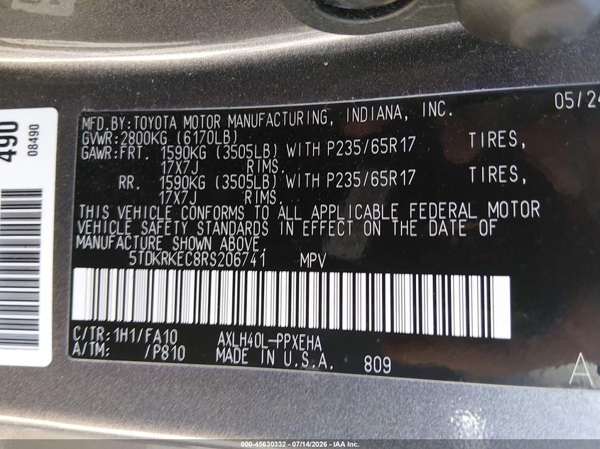 2024 Toyota Sienna VIN 5TDKRKEC8RS206741 IAAI salvage auction — LEFT REAR, Salvage Title, sold $15,100 on 2026-07-29 (photo 9)