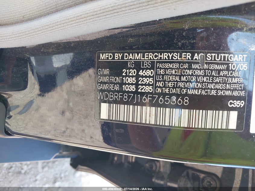 2006 Mercedes-benz C-klasse VIN WDBRF87J16F765368 IAAI salvage auction — LEFT FRONT, Salvage (Ohio), sold $625 on 2026-08-15 (photo 9)