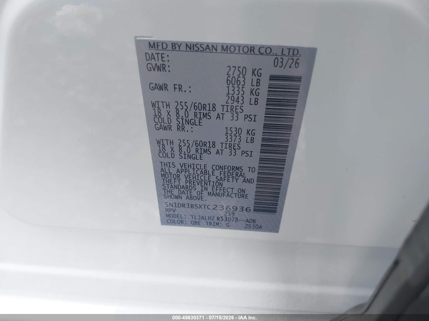 2026 Nissan Pathfinder VIN 5N1DR3BSXTC236936 IAAI salvage auction — REAR END, Salvage Title, sold $12,800 on 2026-08-21 (photo 9)
