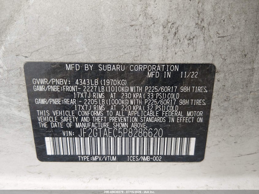 2023 Subaru Xv VIN JF2GTAEC5P8286620 IAAI salvage auction — ROLLOVER, Salvage Title, sold $775 on 2026-09-08 (photo 9)