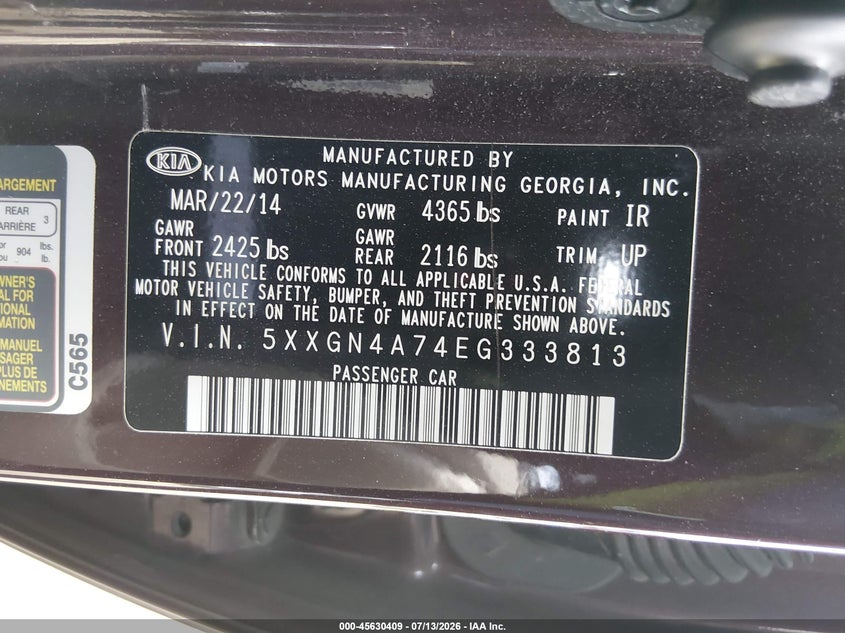 2014 Kia Optima VIN 5XXGN4A74EG333813 IAAI salvage auction — NORMAL WEAR, Clear (Louisiana), sold $325 on 2026-07-16 (photo 9)