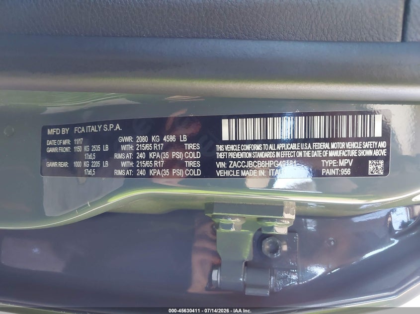 2017 Jeep Renegade VIN ZACCJBCB6HPG49181 IAAI salvage auction — SUSPENSION, Salvage Title, sold $1,450 on 2026-08-08 (photo 9)