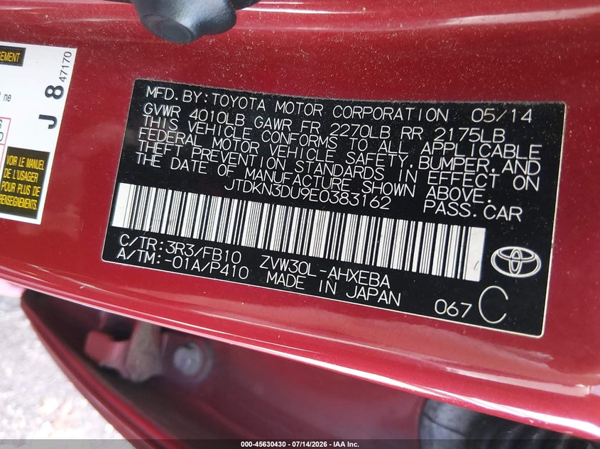 2014 Toyota Prius VIN JTDKN3DU9E0383162 IAAI salvage auction — NORMAL WEAR, Clear (South Carolina), sold $1,200 on 2026-07-29 (photo 9)