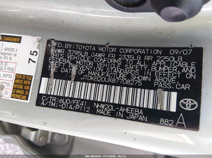 2008 Toyota Prius VIN JTDKB20UX87708275 IAAI salvage auction — NORMAL WEAR, Clear (Tennessee), sold $75 on 2026-07-29 (photo 9)