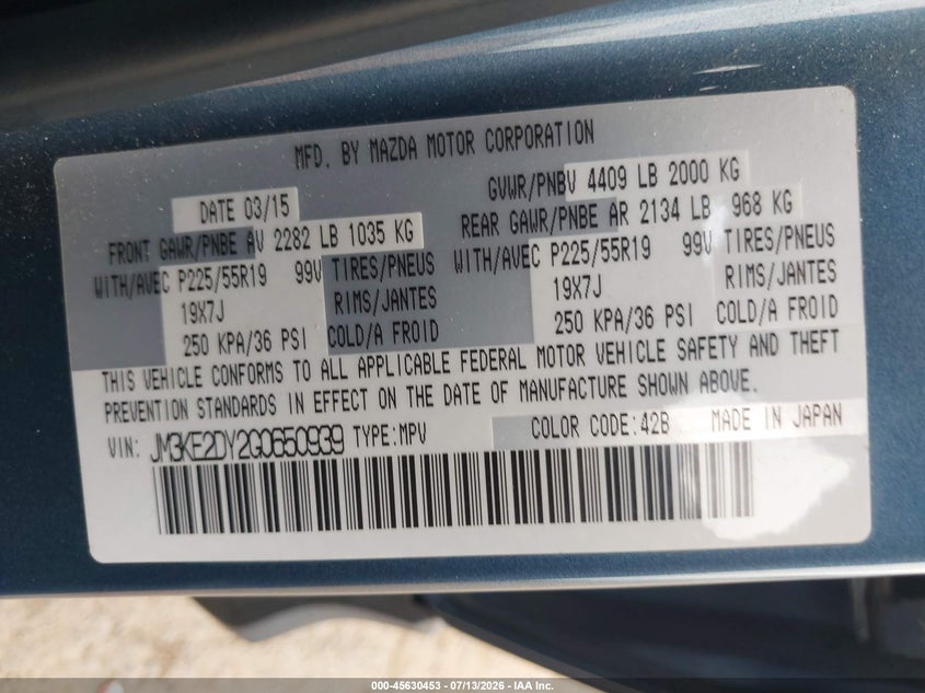2016 Mazda Cx-5 VIN JM3KE2DY2G0650939 IAAI salvage auction — NORMAL WEAR, Clear - Dealer Only (California), sold $25 on 2026-07-22 (photo 9)