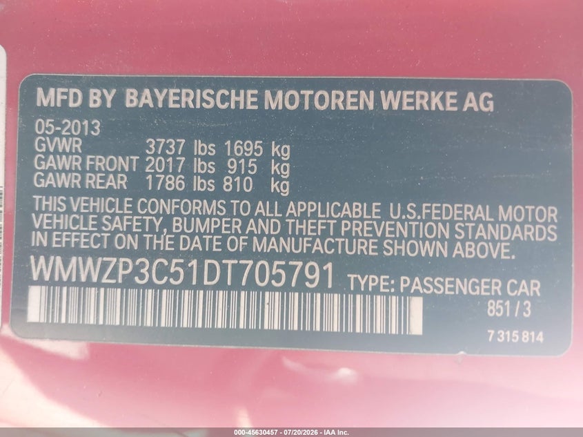 2013 Mini Convertible VIN WMWZP3C51DT705791 IAAI salvage auction — NORMAL WEAR, Clear (Massachusetts), sold $1,350 on 2026-07-31 (photo 9)