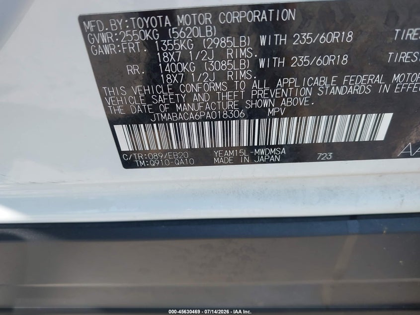 2023 Toyota Bz4x VIN JTMABACA6PA018306 IAAI salvage auction — RIGHT REAR, Salvage Title, sold $6,200 on 2026-07-23 (photo 9)