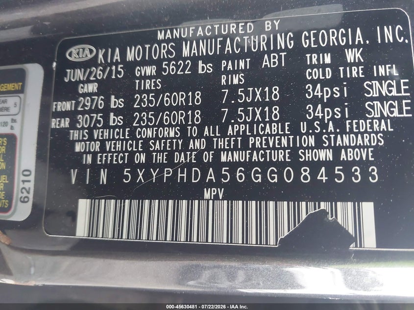 2016 Kia Sorento VIN 5XYPHDA56GG084533 IAAI salvage auction — NORMAL WEAR, Clear (Massachusetts), sold $1,900 on 2026-07-31 (photo 9)