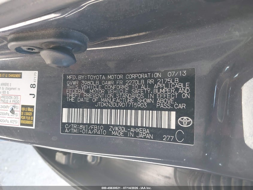 2013 Toyota Prius VIN JTDKN3DU9D1715903 IAAI salvage auction — UNKNOWN, Clear - Dealer Only (California), sold $2,150 on 2026-07-22 (photo 9)