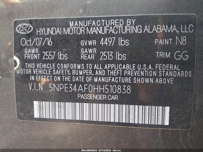 2017 Hyundai Sonata VIN 5NPE34AF0HH510838 IAAI salvage auction — LEFT FRONT, Clear (Virginia), sold $2,000 on 2026-07-25 (photo 9)