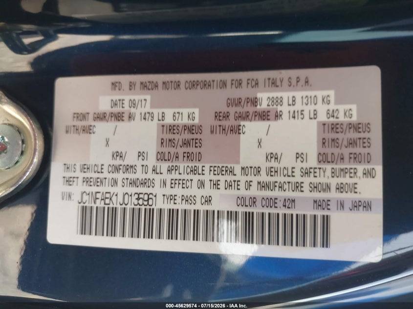 2018 Fiat 124 spider VIN JC1NFAEK1J0135961 IAAI salvage auction — REAR END, Salvage Title, sold $3,350 on 2026-08-09 (photo 9)