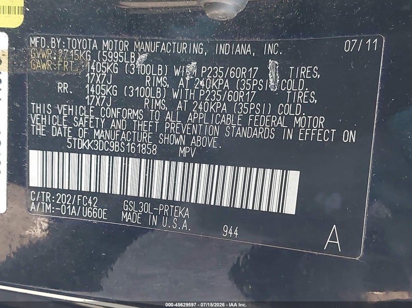 2011 Toyota Sienna VIN 5TDKK3DC9BS161858 IAAI salvage auction — FRONT END, Clear (New York), sold $2,000 on 2026-07-27 (photo 9)