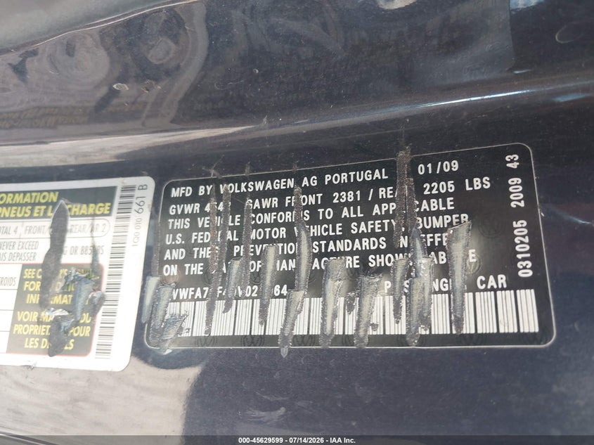 2009 Volkswagen Eos VIN WVWFA71F49V021064 IAAI salvage auction — NORMAL WEAR, Clear (Arizona), sold $725 on 2026-08-06 (photo 9)