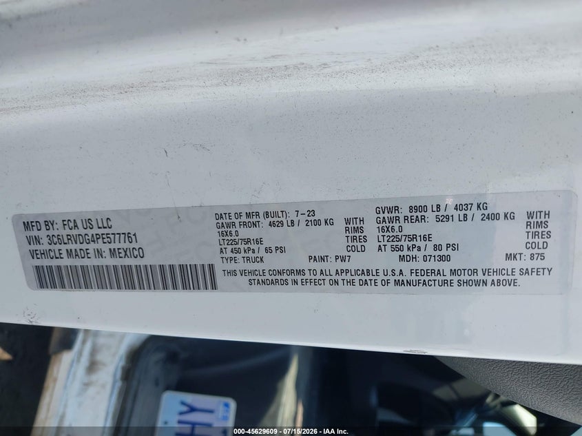 2023 Ram Promaster 2500 VIN 3C6LRVDG4PE577761 IAAI salvage auction — FRONT END, Enterprise Vehicles Clear Only (Oregon), sold $18,775 on 2026-07-22 (photo 9)
