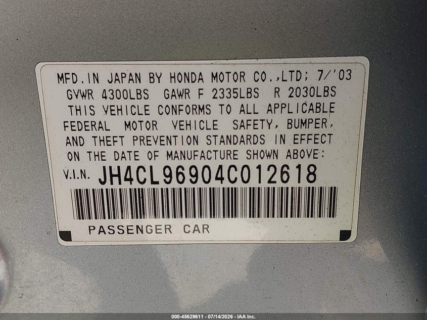2004 Acura Tsx VIN JH4CL96904C012618 IAAI salvage auction — NORMAL WEAR, Clear (Washington), sold $1,225 on 2026-07-22 (photo 9)