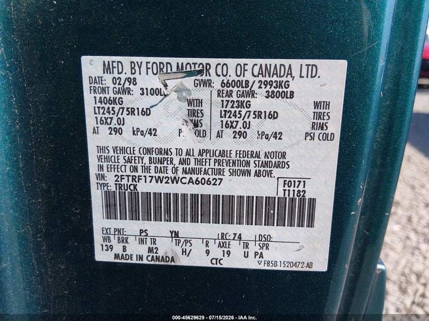 1998 Ford F-150 VIN 2FTRF17W2WCA60627 IAAI salvage auction — SIDE, Bill Of Sale (Washington), sold $700 on 2026-08-26 (photo 9)