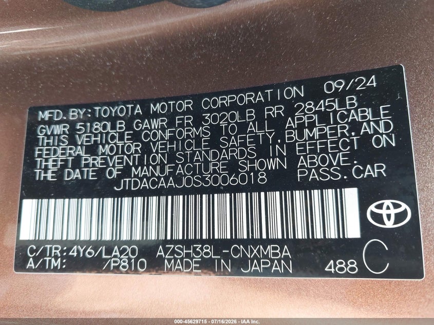 2025 Toyota Crown signia VIN JTDACAAJ0S3006018 IAAI salvage auction — RIGHT FRONT, Wait Title, sold $16,000 on 2026-09-03 (photo 9)