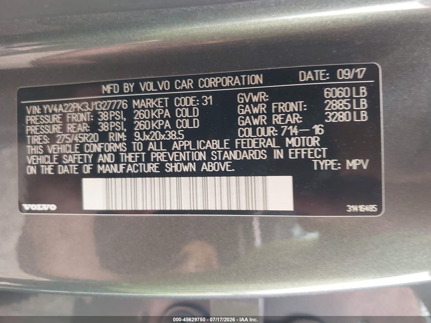 2018 Volvo Xc90 VIN YV4A22PK3J1327776 IAAI salvage auction — FRONT END, Salvage Title, sold $3,000 on 2026-08-12 (photo 9)