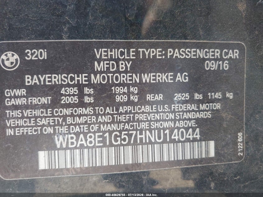 2017 BMW VIN WBA8E1G57HNU14044 IAAI salvage auction — NORMAL WEAR, Clear-Dealer Only (Arizona), sold $175 on 2026-07-28 (photo 9)