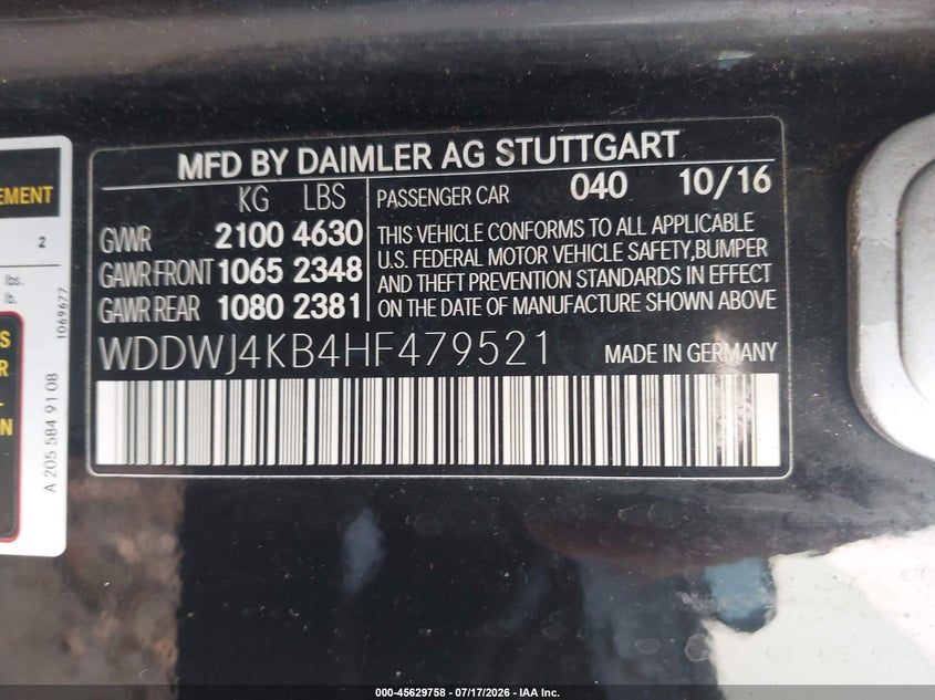 2017 Mercedes-benz C-klasse VIN WDDWJ4KB4HF479521 IAAI salvage auction — FRONT END, Salvage - 75% Or Less (Maryland), sold $4,150 on 2026-08-14 (photo 9)