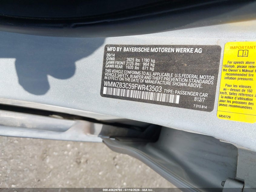2015 Mini Countryman VIN WMWZB3C59FWR43503 IAAI salvage auction — LEFT REAR, Salvage Title, sold $875 on 2026-08-07 (photo 9)