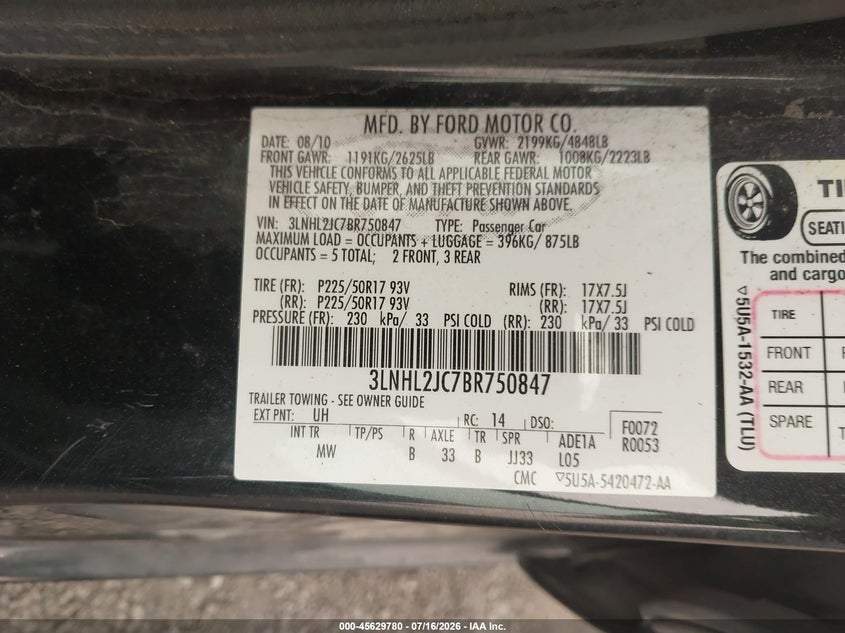 2011 Lincoln Mkz VIN 3LNHL2JC7BR750847 IAAI salvage auction — FRONT & REAR, Salvage (Pennsylvania), sold $150 on 2026-07-26 (photo 9)