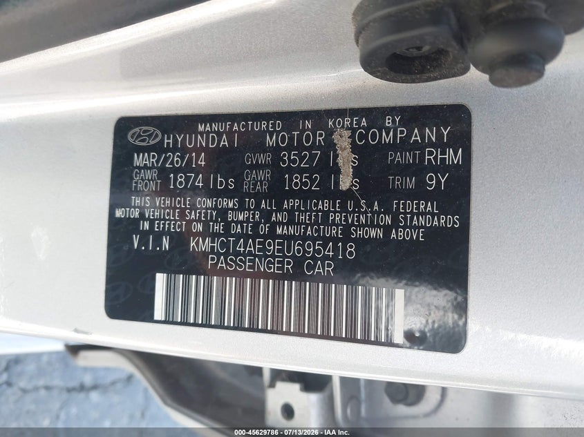 2014 Hyundai Accent VIN KMHCT4AE9EU695418 IAAI salvage auction — NORMAL WEAR, Clear-Dealer Only (Washington), sold $200 on 2026-07-30 (photo 9)