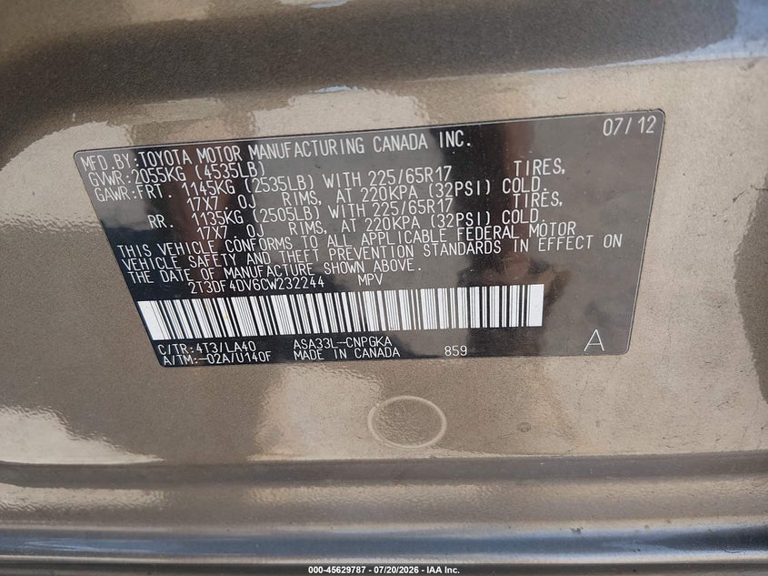 2012 Toyota Rav 4 VIN 2T3DF4DV6CW232244 IAAI salvage auction — FRONT END, Clear (Massachusetts), sold $2,800 on 2026-07-28 (photo 9)