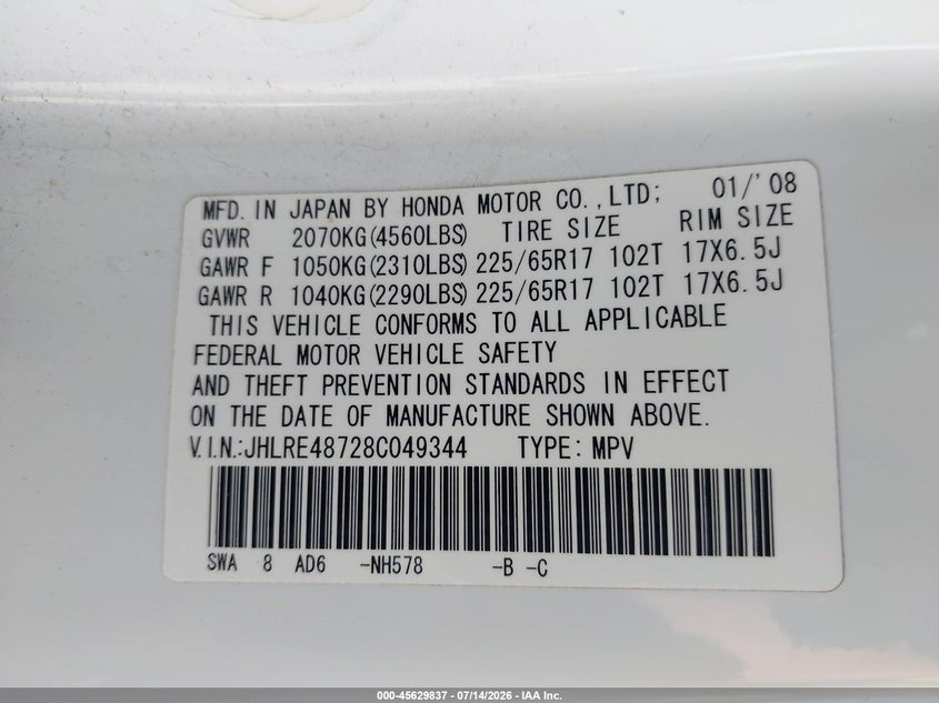 2008 Honda Cr-v VIN JHLRE48728C049344 IAAI salvage auction — NORMAL WEAR, Regular Certificate (Iowa), sold $75 on 2026-07-28 (photo 9)